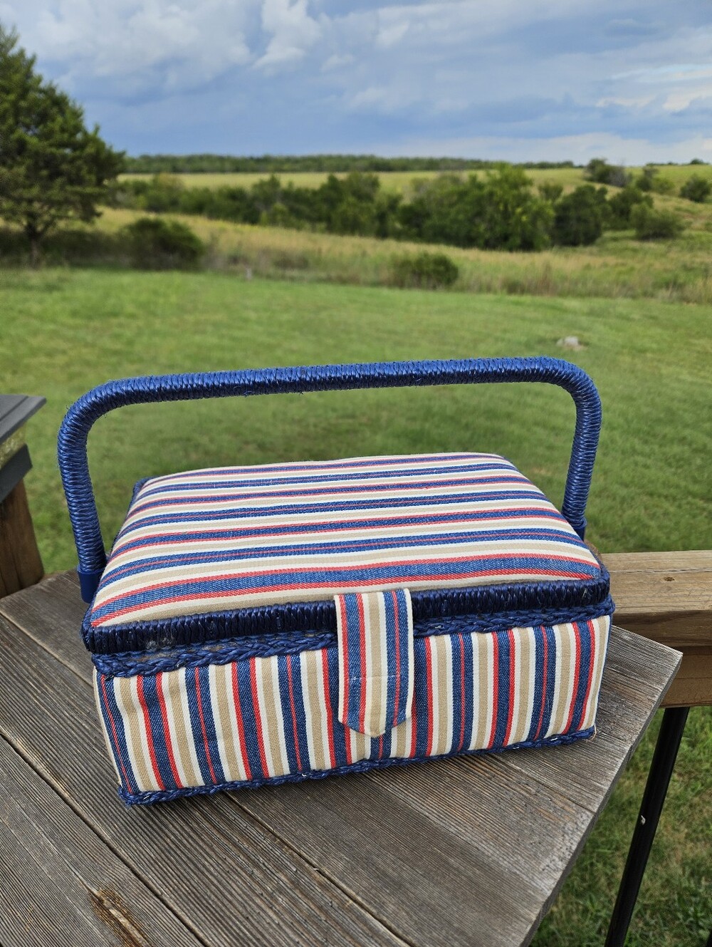 Vtg Red White Blue Striped Fabric Sewing Basket Woven Craft Box Case W/ Tray